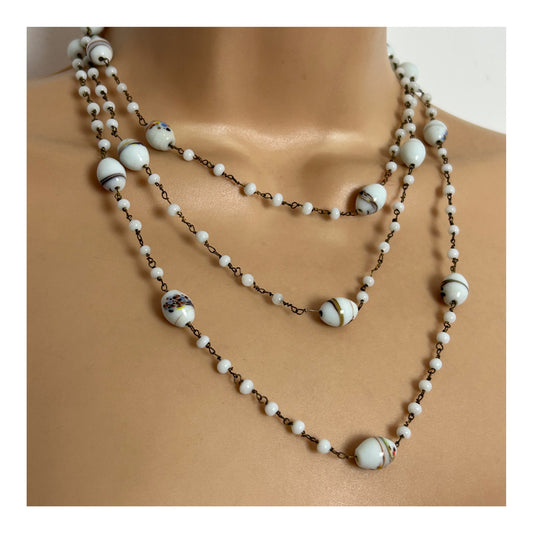 Vintage 1930s Art Deco White Milk Glass Beaded Long Flapper Sautoir Necklace - 68cm