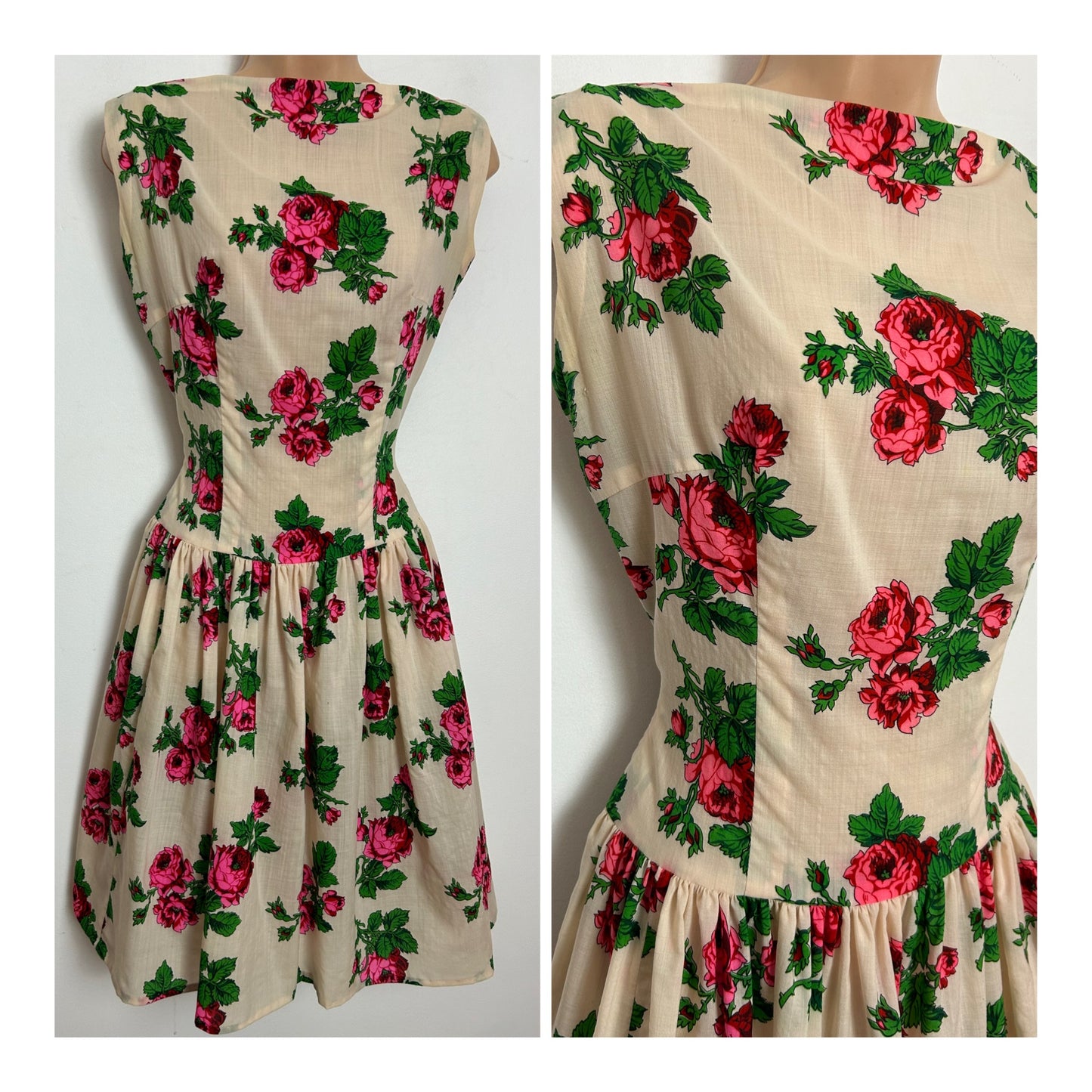 Vintage Late 1950s Size 10 Cream Pink & Green Rose Print Sleeveless Cotton Fit & Flare Day Dress