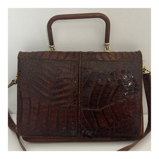 Vintage 1970s Brown Crocodile Skin Leather Handbag With Detachable Shoulder Strap