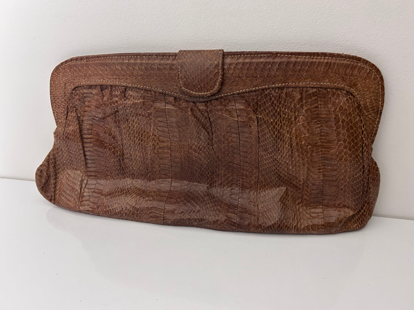 Vintage 1970s Large Brown Real Reptile Snake Skin Clutch Bag