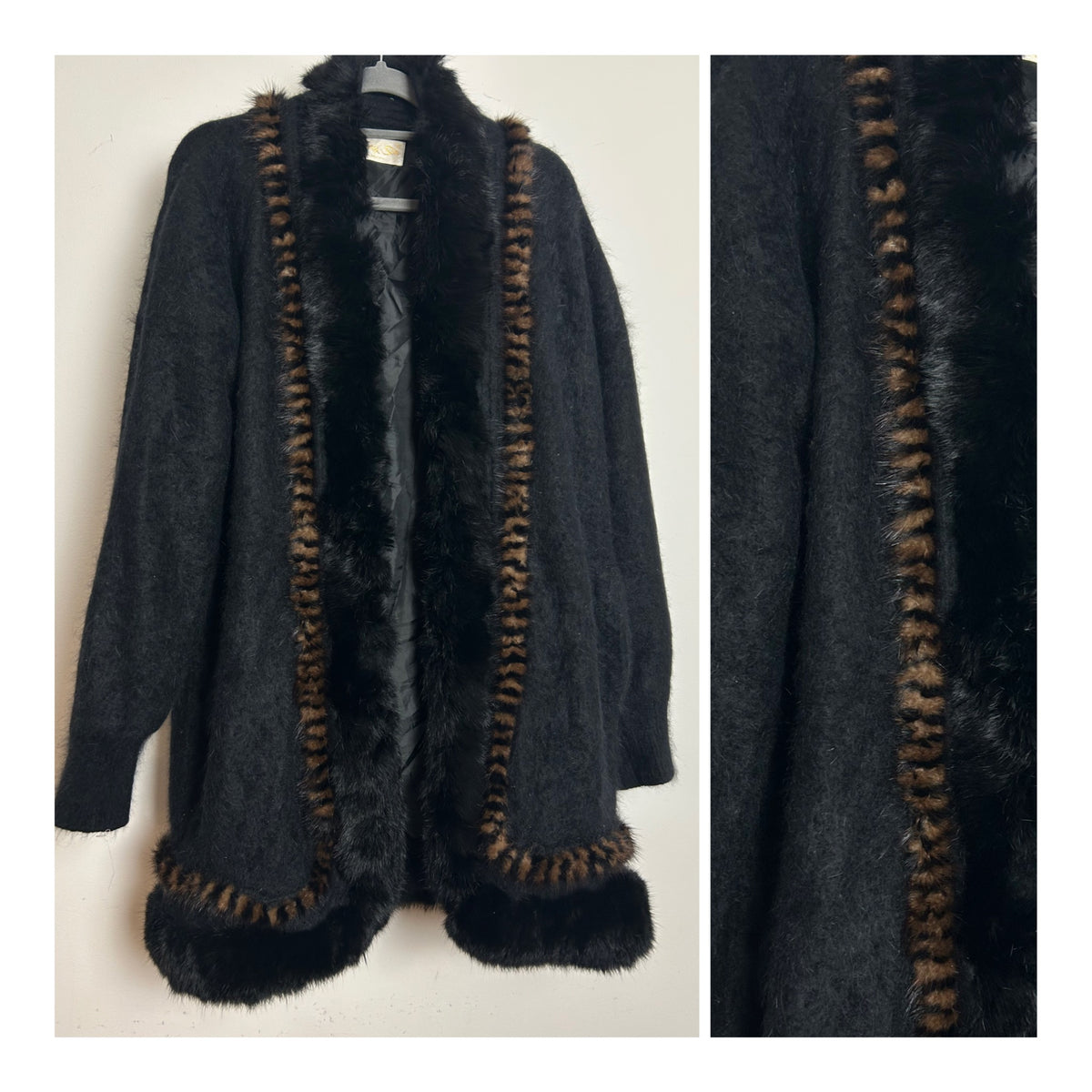 Vintage 1980s Up To Size 16 Black 80% Angora Rabbit Fur Trim Open Fron ...