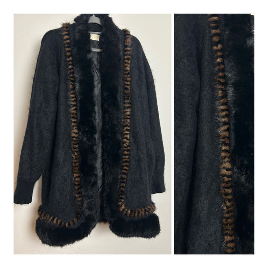 Vintage 1980s Up To Size 16 Black 80% Angora Rabbit Fur Trim Open Fronted Cardigan/Coatigan