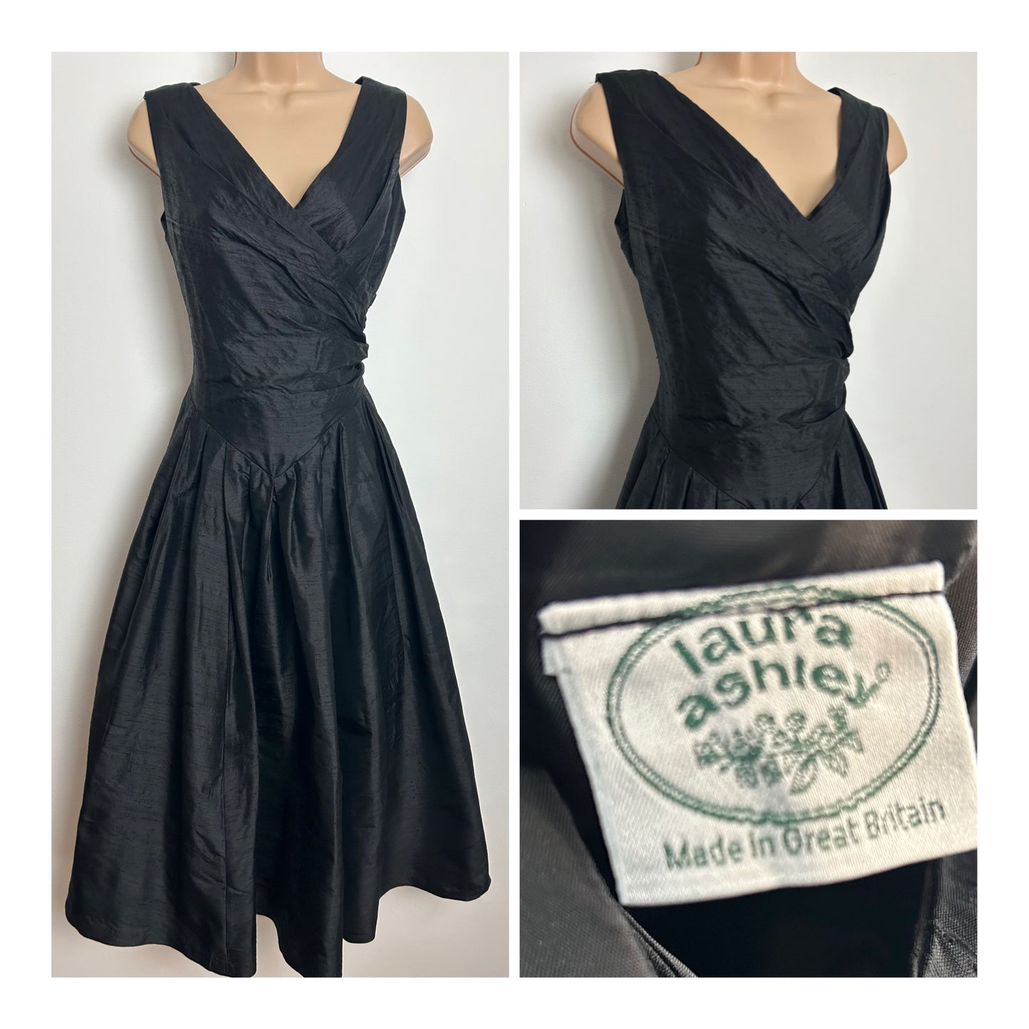 Vintage 1980s LAURA ASHLEY Size 6 (Size 10 On Label) Black 100% Silk Pleated Party Evening Dress