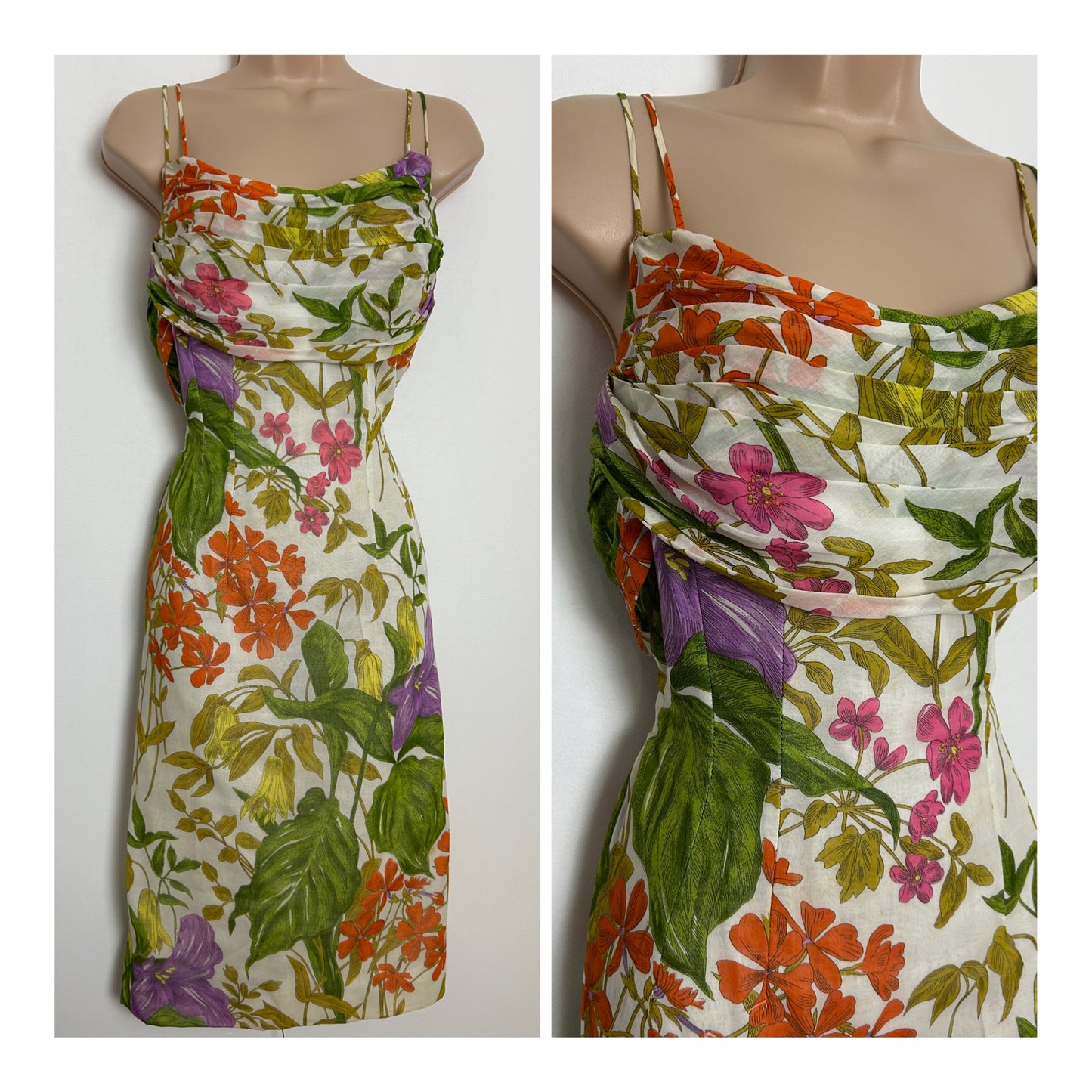 Vintage 1950s Size 8-10 White Orange Purple & Green Floral Print Cotton Fitted Wiggle Summer Occasion Dress