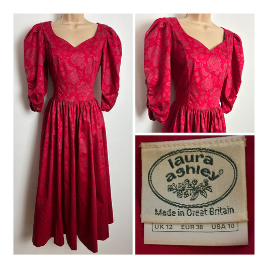 Vintage 1980s LAURA ASHLEY Size 8 (Size 12 On Label) Red Glittery Floral Print Party Occasion Midi Dress 8