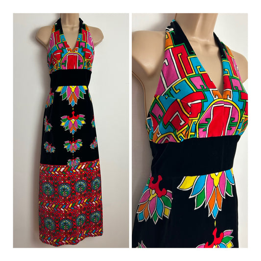 Vintage 1970s Size 8 VERA MONT PARIS Black Pink Red Blue & Green Abstract Floral Print Halter Neck Velvet Maxi Dress