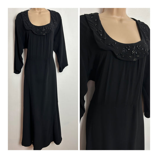Vintage Original 1940s UK Size 14 Black Rayon Scallop Edged Beaded Collar Wartime Evening MAXI Dress