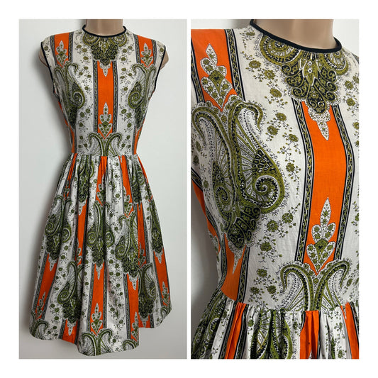 Vintage Late 1950s Size 8 Orange White & Green Stripe & Paisley Print Cotton Summer Day Dress