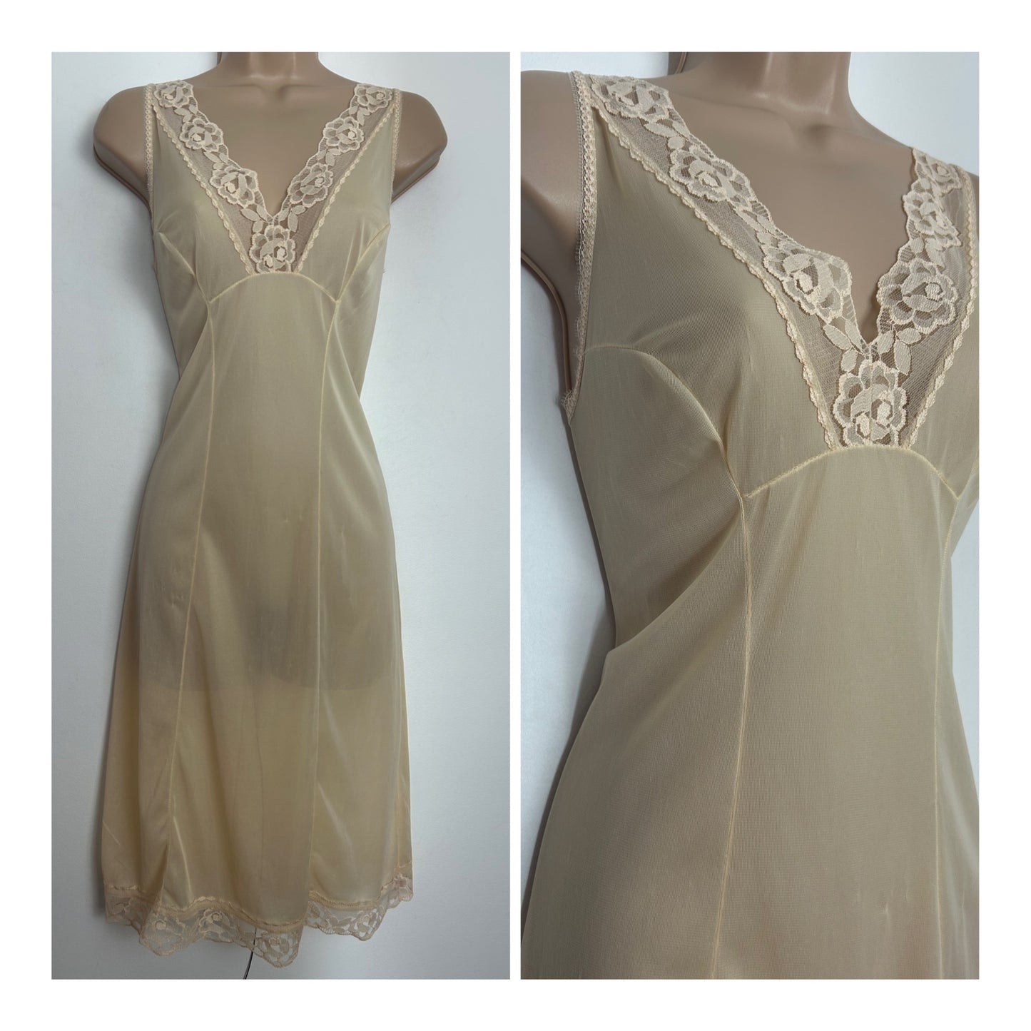 Vintage 1970s Size 8 Beige Lace Trim Sleeveless Nylon Under Slip