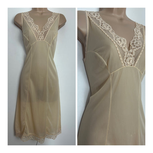 Vintage 1970s Size 8 Beige Lace Trim Sleeveless Nylon Under Slip
