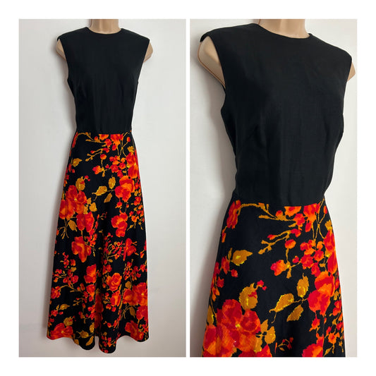 Vintage 1970s JOBI UK Size 12 Black & Orange Tones Floral Print Cotton Mix Sleeveless Boho Maxi Dress
