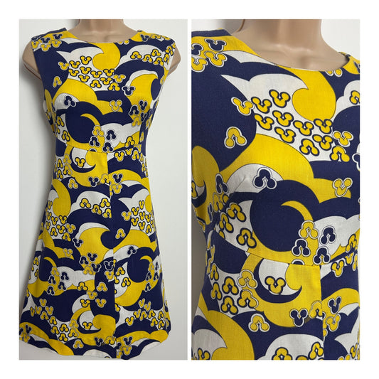 Vintage 1960s Size 8 Navy Blue Yellow & White Psychedelic Print Cotton Mini Mod Shift Dress