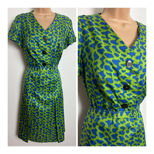 Vintage 1960s Size 14 Green & Blue Abstract Print Short Sleeve Belted Pleated Day Dress