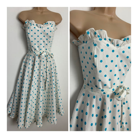 Vintage Early 1980s MUSHROOM LTD Size 6-8 White & Blue Polka Dot Strapless Boned Summer Rockabilly Style Dress