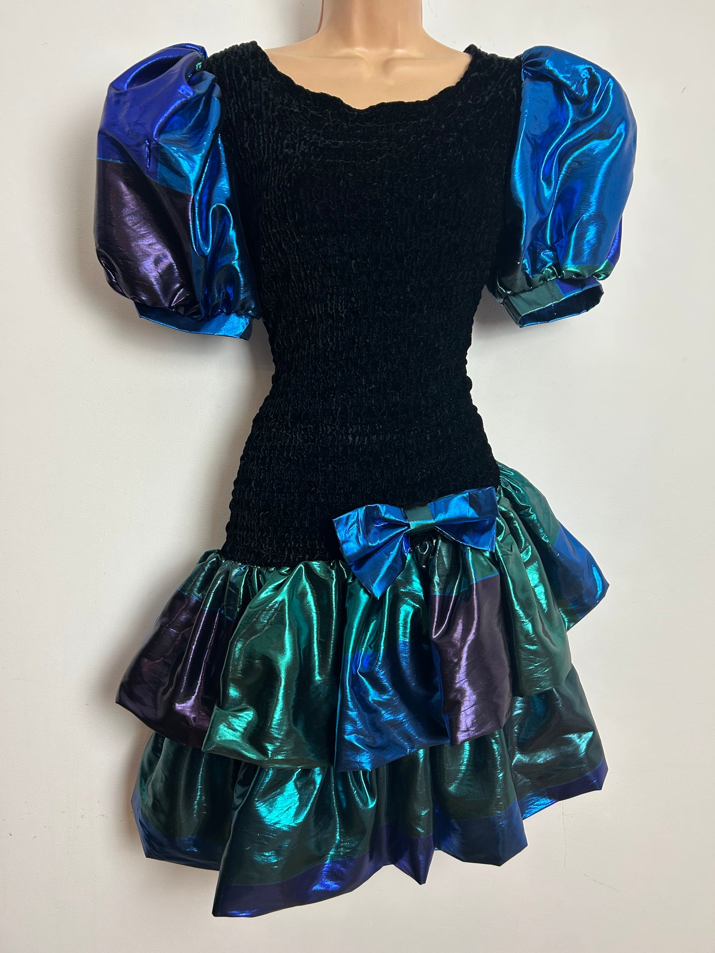 Vintage 1980s CHOU CHOU Size 10-12 Black Blue Green & Purple Velour & Taffeta Party Prom Dress