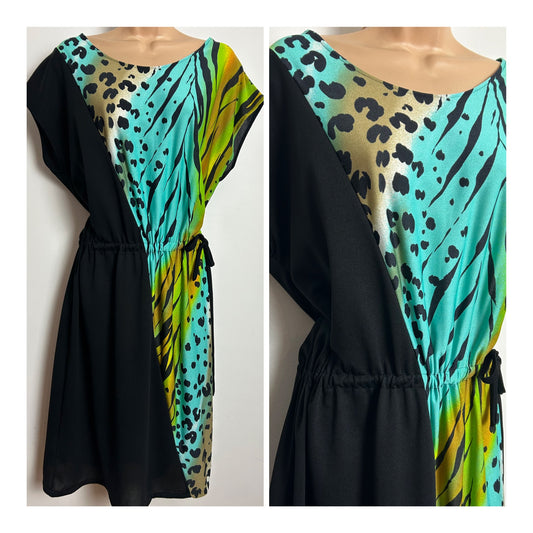 Vintage 1980s Size 14 Black Green Turquoise & Beige Animal Print Pull Tie Day Dress