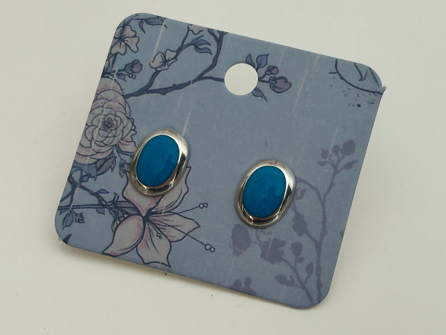 Vintage Silver Tone & Turquoise Enamel Small Oval Earrings