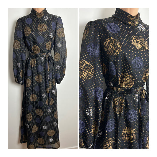 Vintage 1970s Size 12 Black Brown Purple & White Polka Dot Spotty Circle Print Belted Maxi Dress