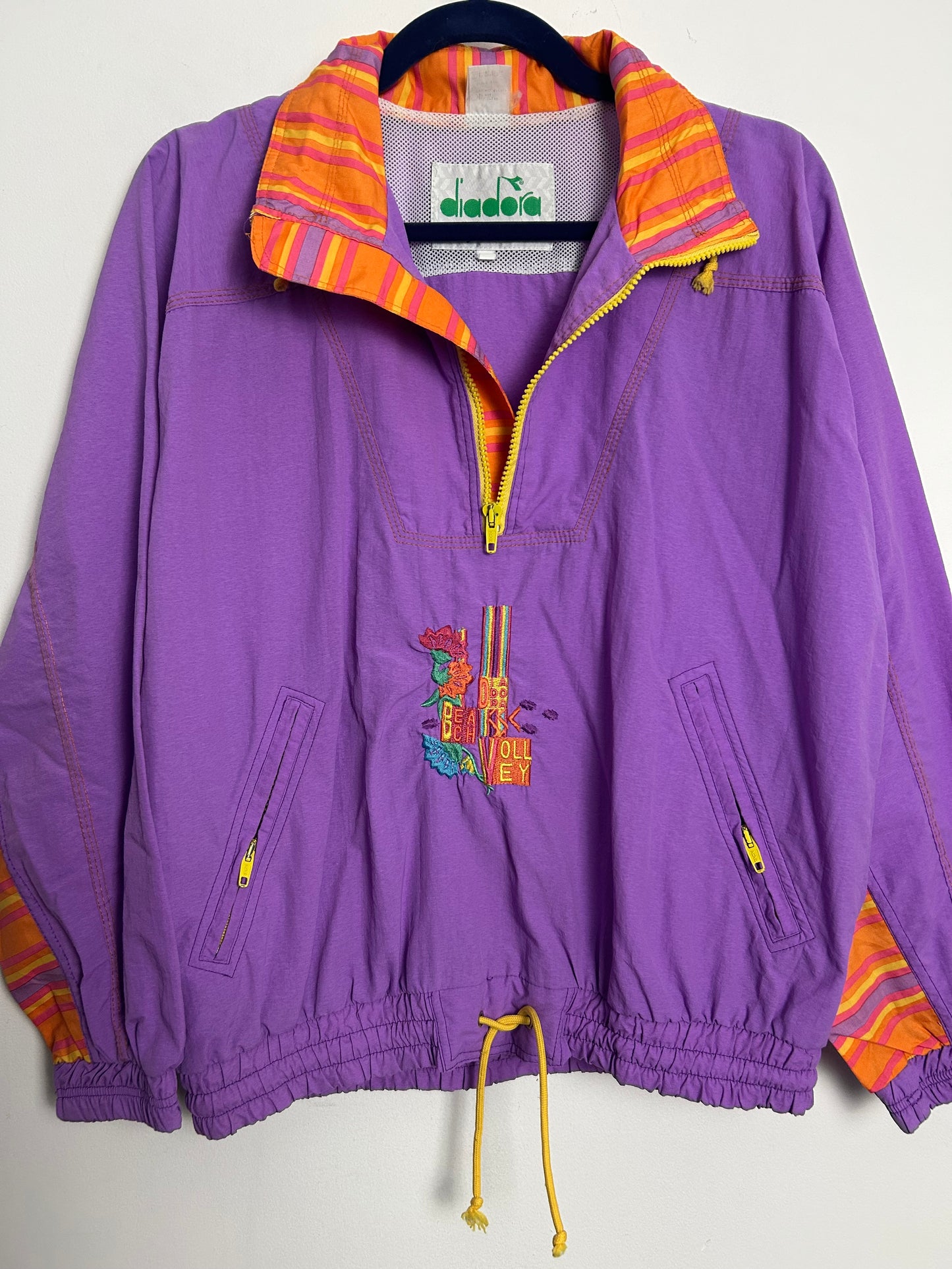 Vintage 1980s DIADORA Size S Lilac & Orange "BEACH VOLLEY" Windbreaker Shell Top