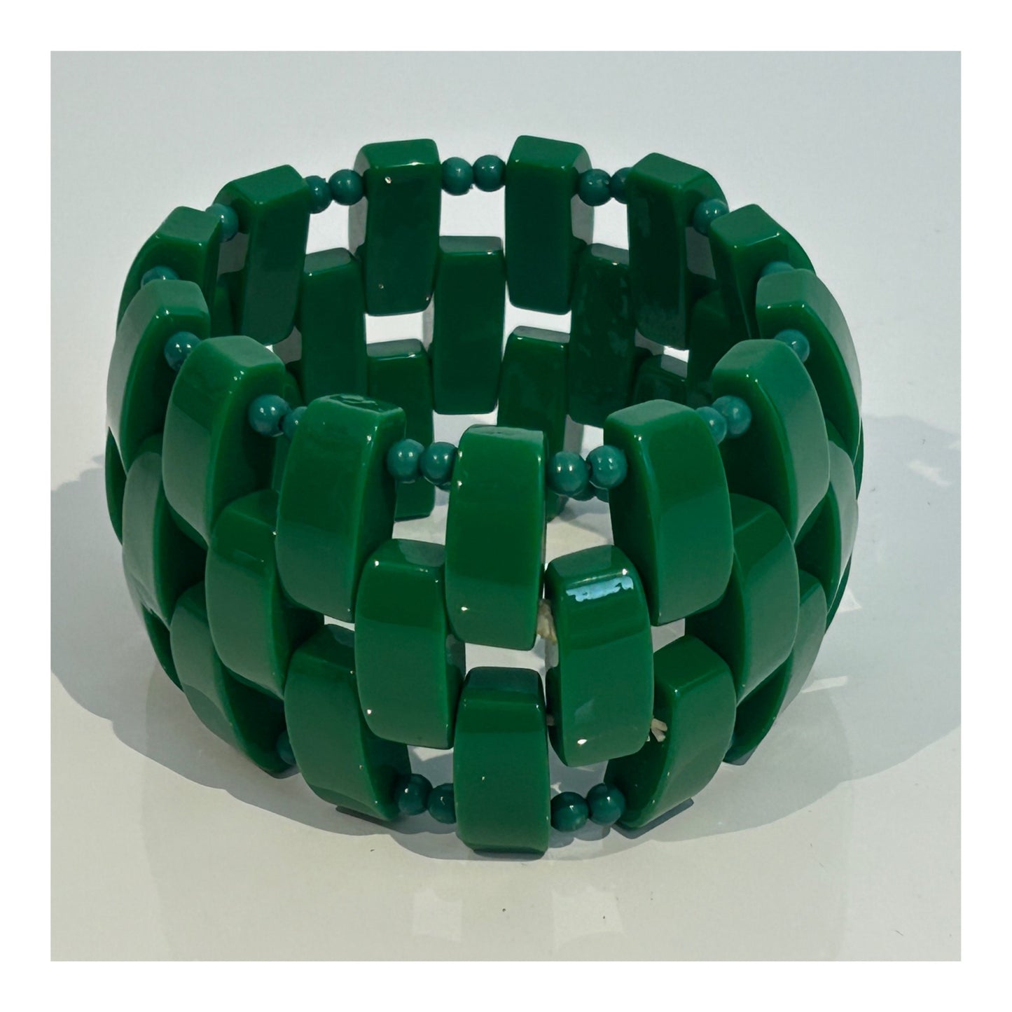 Vintage Dark Green Plastic Bead Wide Stretchy Elasticated Bracelet
