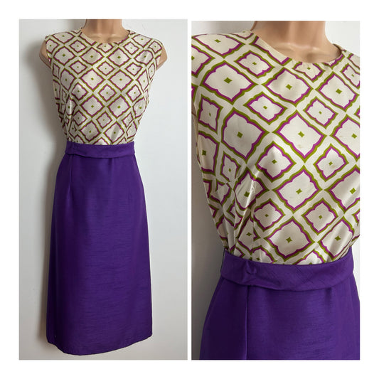 Vintage 1960s RODNEY DRESSES Size 10-12 Ivory Purple & Green Abstract Diamond Print Sleeveless Belted Mod Dress