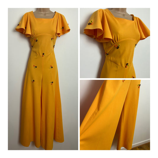 Vintage 1970s Size 6 AMAZING Mustard Yellow Floral Applique Crimplene Double Tie Back Flared Jumpsuit