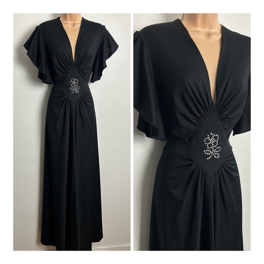 Vintage 1970s Size 14 Black Rhinestone Detail Ruffle Sleeve Tie Back Evening Maxi Dress