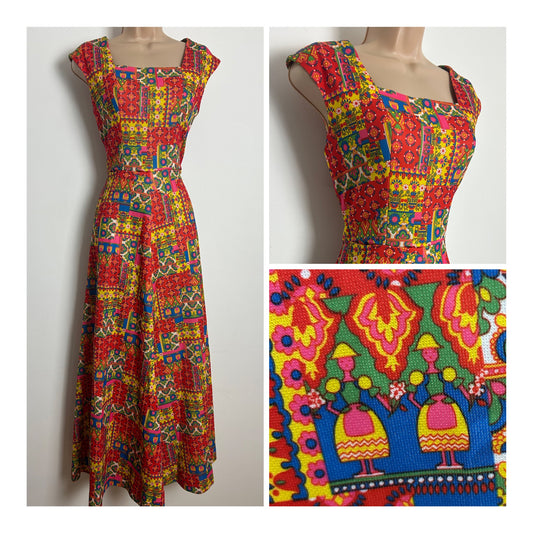 Vintage 1970s Size 8 Red Yellow Blue Pink & Red Floral & Folk People Print Maxi Dress