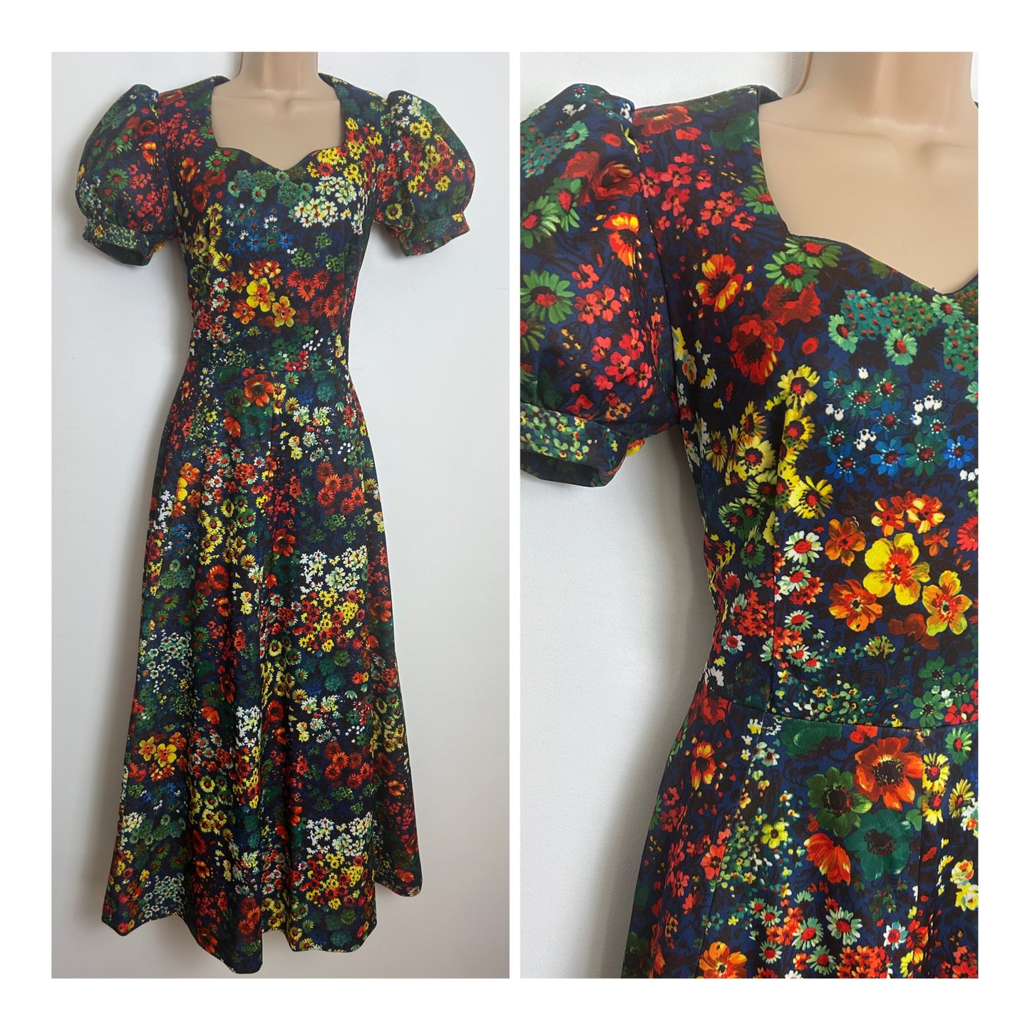 Vintage 1970s Size 8-10 Navy Blue Red Yellow & Green Floral Print Short Sleeve Boho Maxi Dress