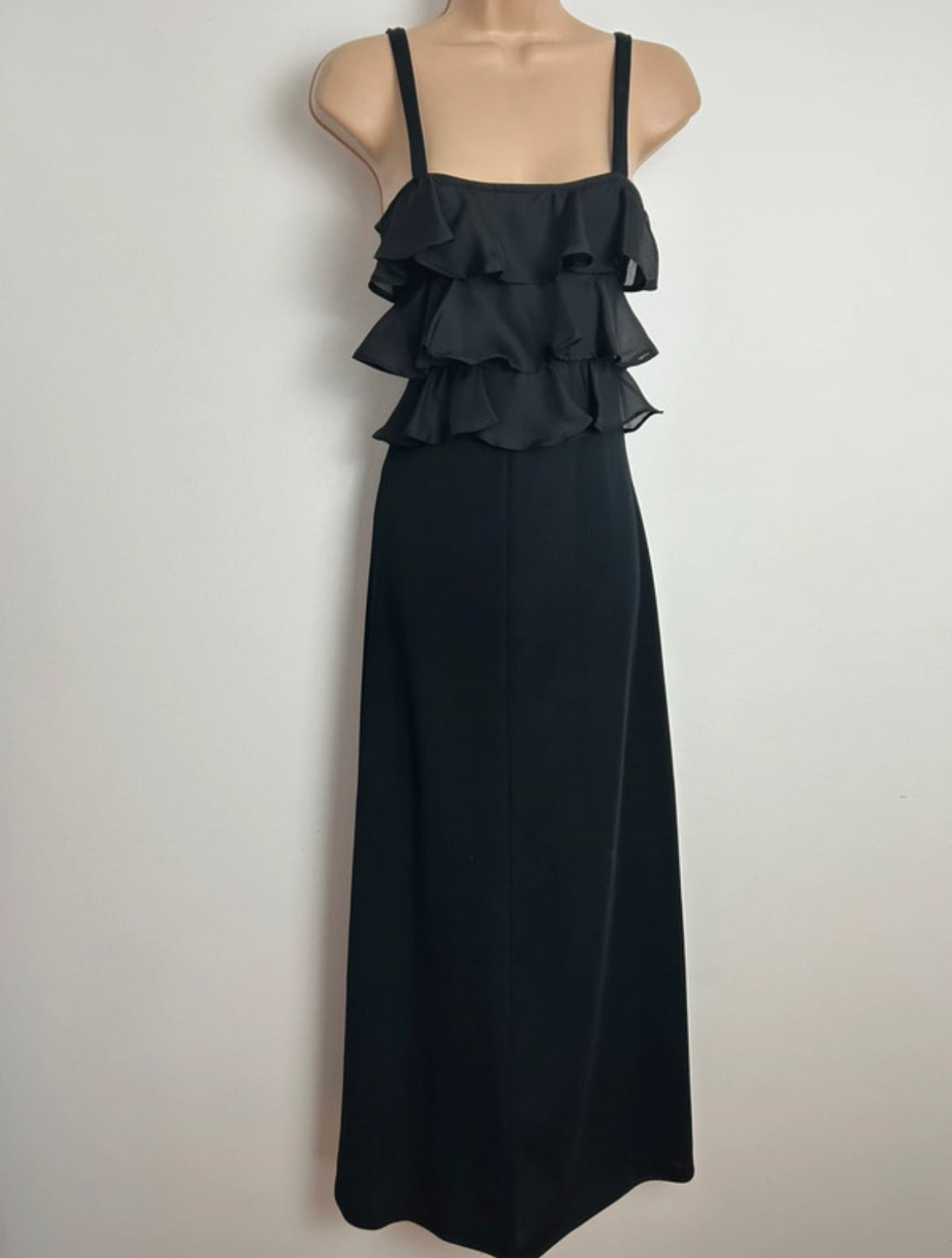 Vintage 1970s Size 4-6 Lovely Black Strappy Ruffle Layered Maxi Dress