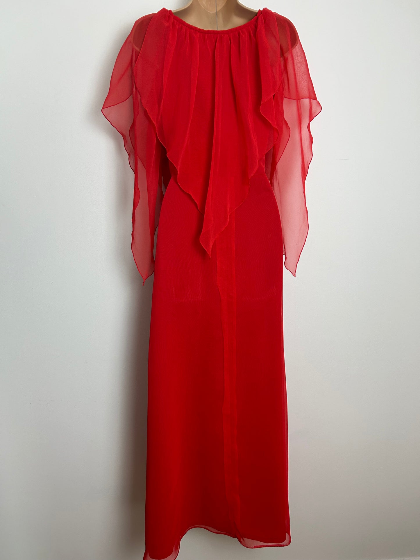 Vintage 1970s DEBENHAMS Size 12 Red Chiffon Split Floaty Sleeve Layered Occasion Maxi Dress