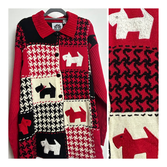 Vintage 1990s BNWT STORYBOOK KNITS Size 1X (UP To 18/20) Red & Black Houndstooth & Scottie Dogs Novelty Print Cardigan