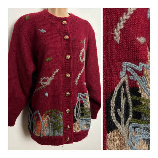 Vintage 1980s Up To Size 16 Dark Red & Grey Wool Embroidered Leaf Pattern Chunky Cardigan