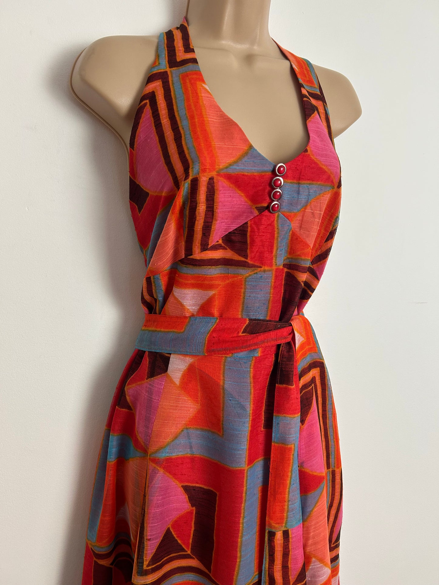 Vintage 1970s UK Size 14 Red Blue Orange & Black Geo Print Halterneck Belted Maxi Dress