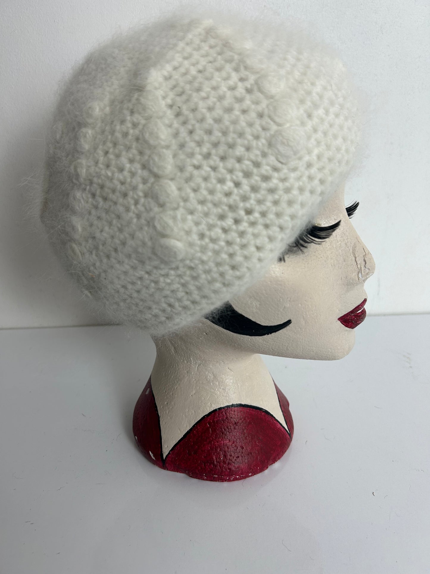 Vintage Winter White Chunky Knit Angora & Wool Mix Beanie Style Hat
