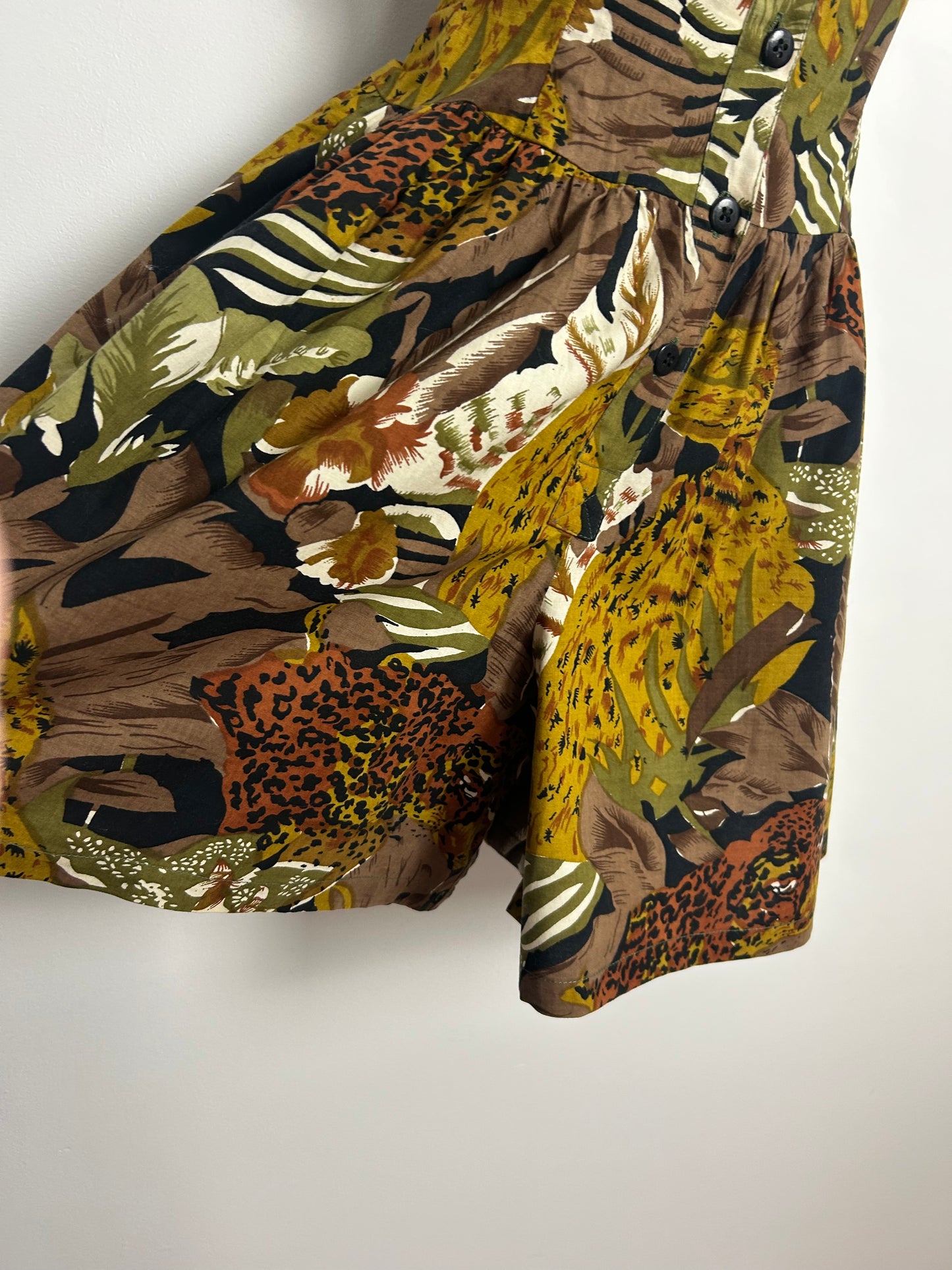 Vintage 1980s Size 10 Brown & Green Tones Jungle Print Cotton Romper/Playsuit