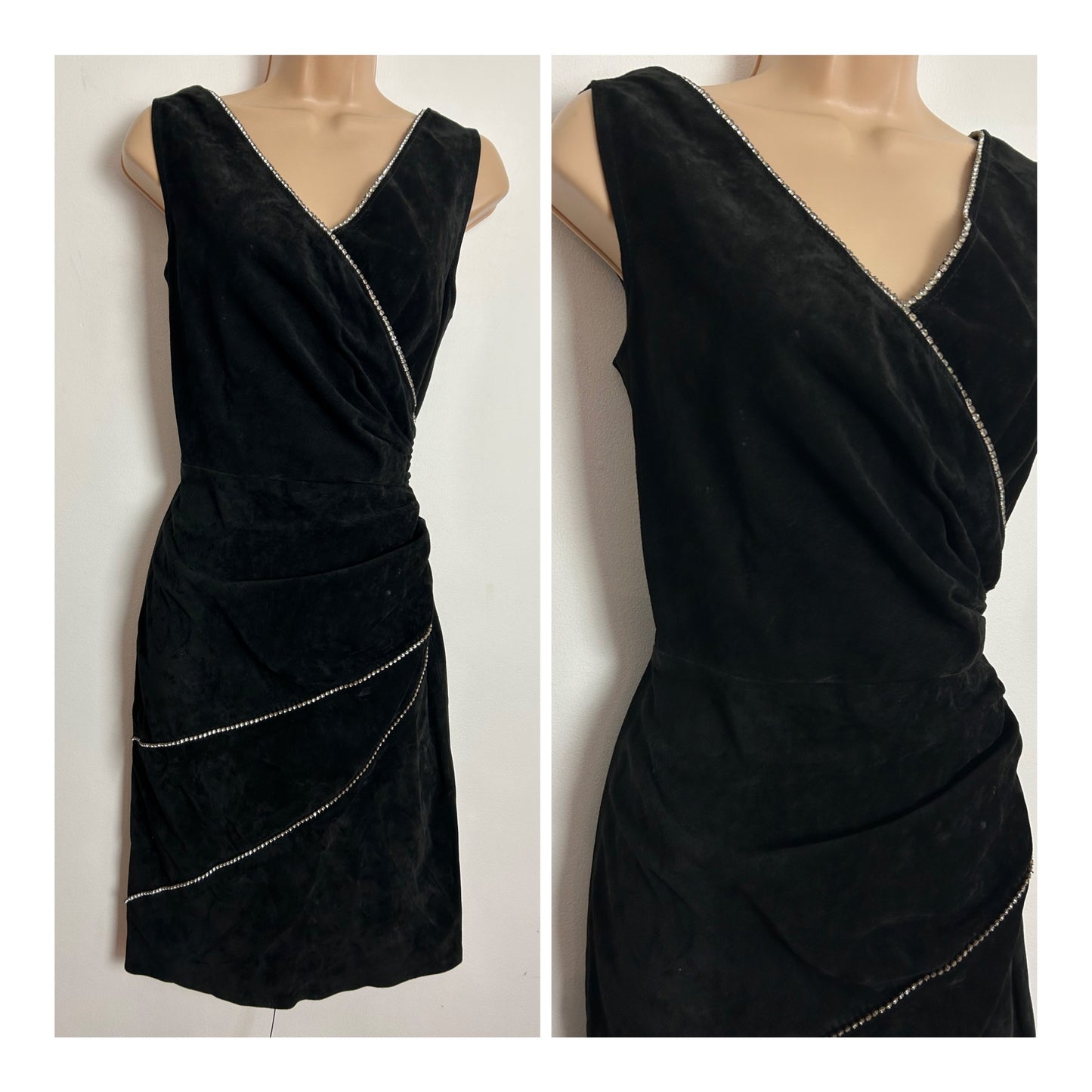 Vintage 1980s JACQUES SAC UK Size 6-8 Black Real Suede Leather Diamante Detail Fitted Cocktail Party Dress