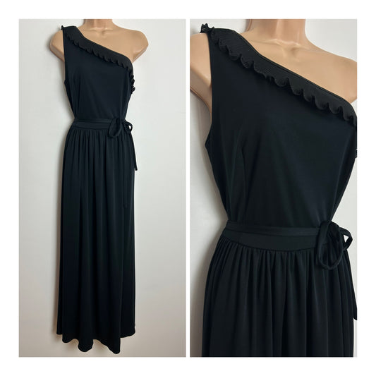 Vintage 1970s Size 10 Black Plisse Pleat Ruffle Collar Detail One Shoulder Belted Occasion Maxi Dress