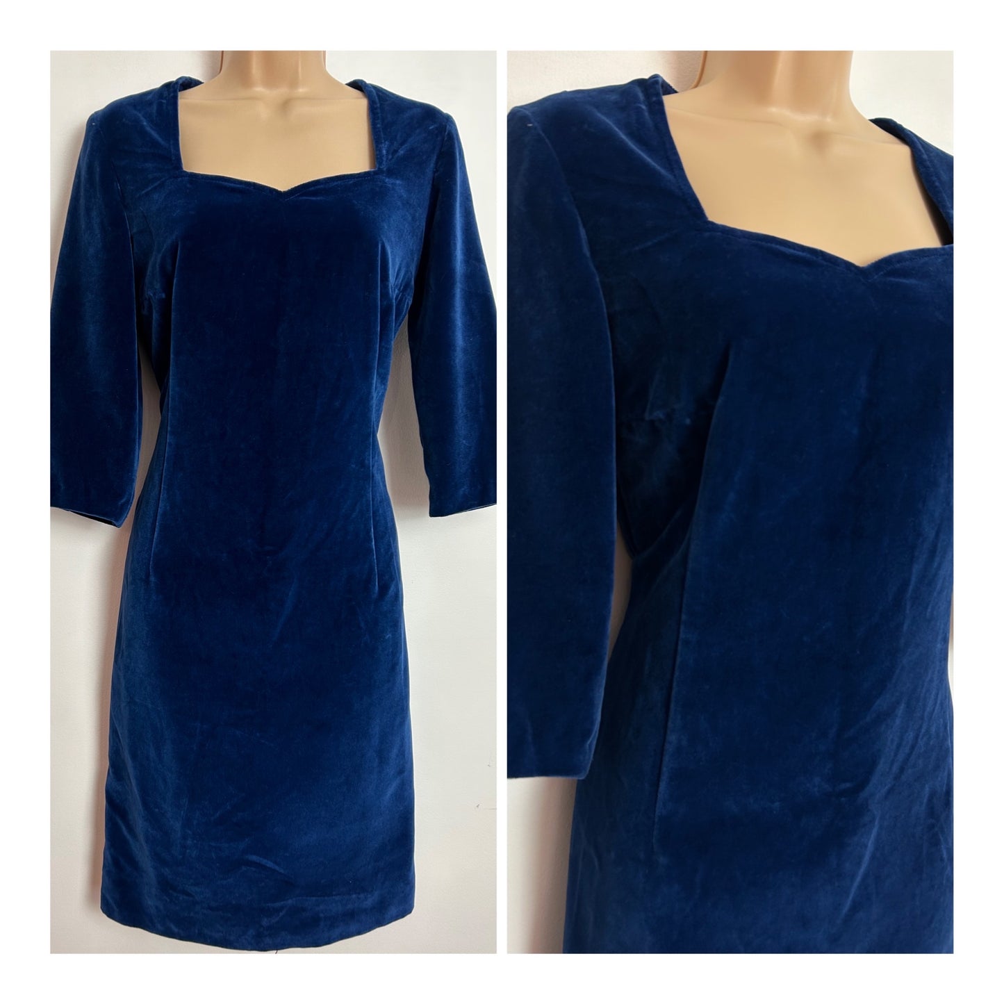 Vintage 1960s UK Size 8 Midnight Blue Velvet 3/4 Sleeve Christmas Party Occasion Dress