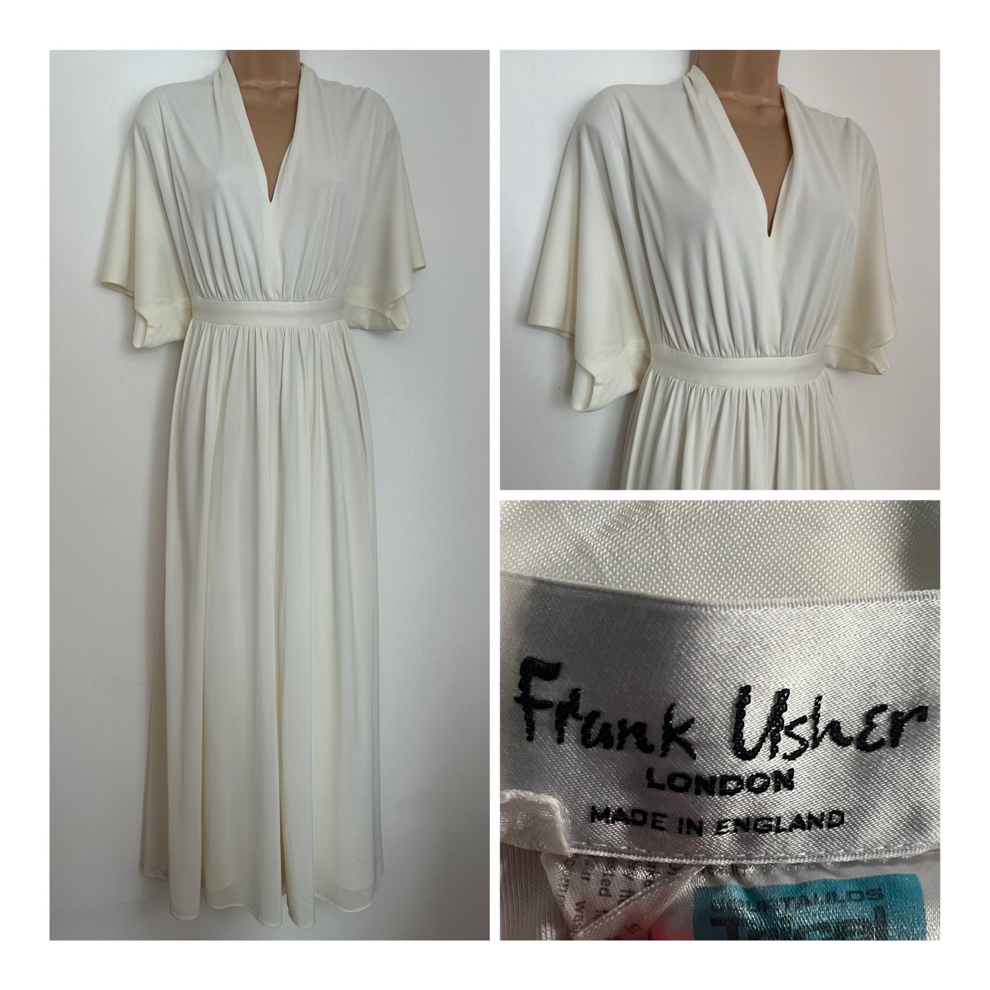 Vintage 1970s FRANK USHER LONDON UK Size 10 Ivory Short Flared Sleeve Occasion Summer Maxi Dress