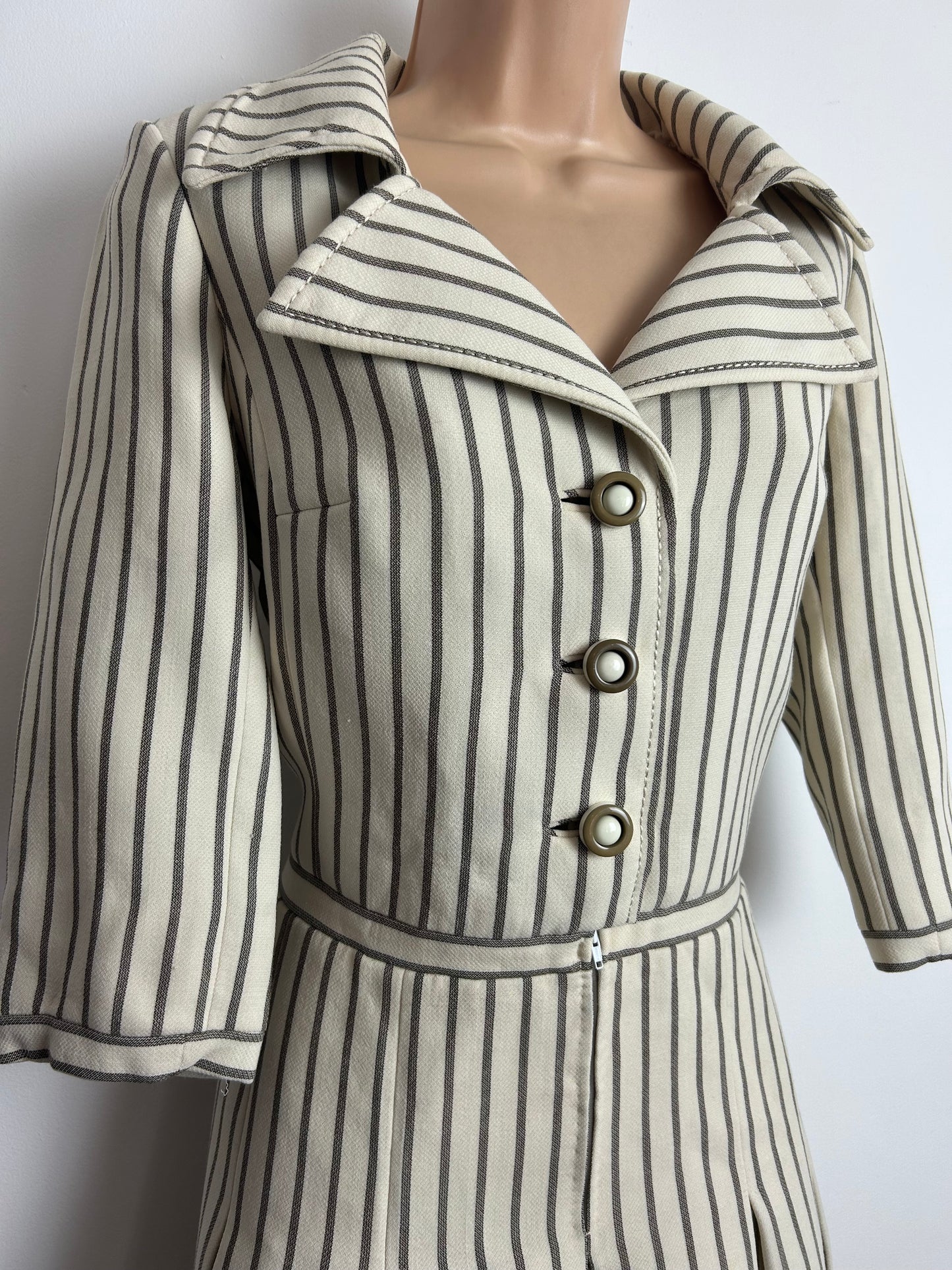 Vintage 1970s Size 12 Beige & Mocha Brown Stripe Print Wool Mix Pleated Mod Dress