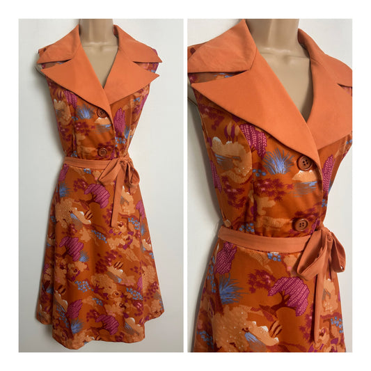 Vintage 1970s Size 12 Burnt Orange & Pink Floral Tree Print Wide Double Collared Belted Fit & Flare Dress