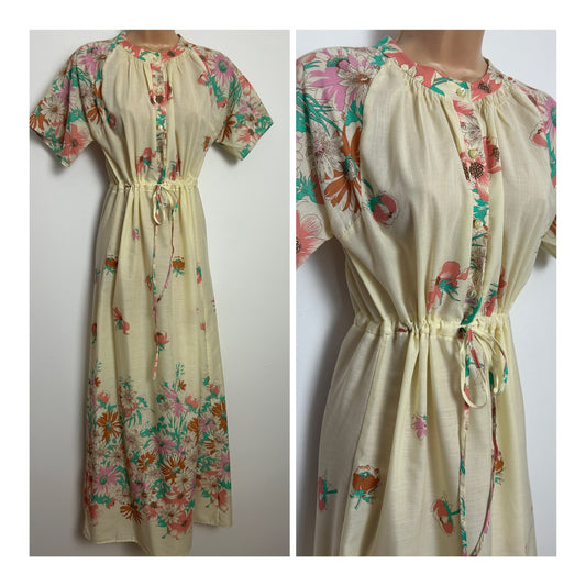 Vintage 1970s Size 10-12 Cream Pink & Green Floral Print Cotton Mix Tie Pull Nightdress Or Dress
