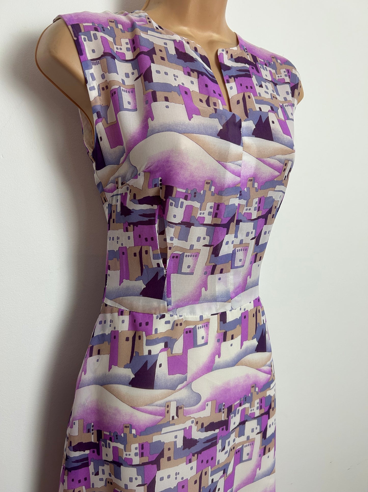 Vintage 1970s Size 8 White Pink & Violet Stylised Green Village Print Chiffon Maxi Dress
