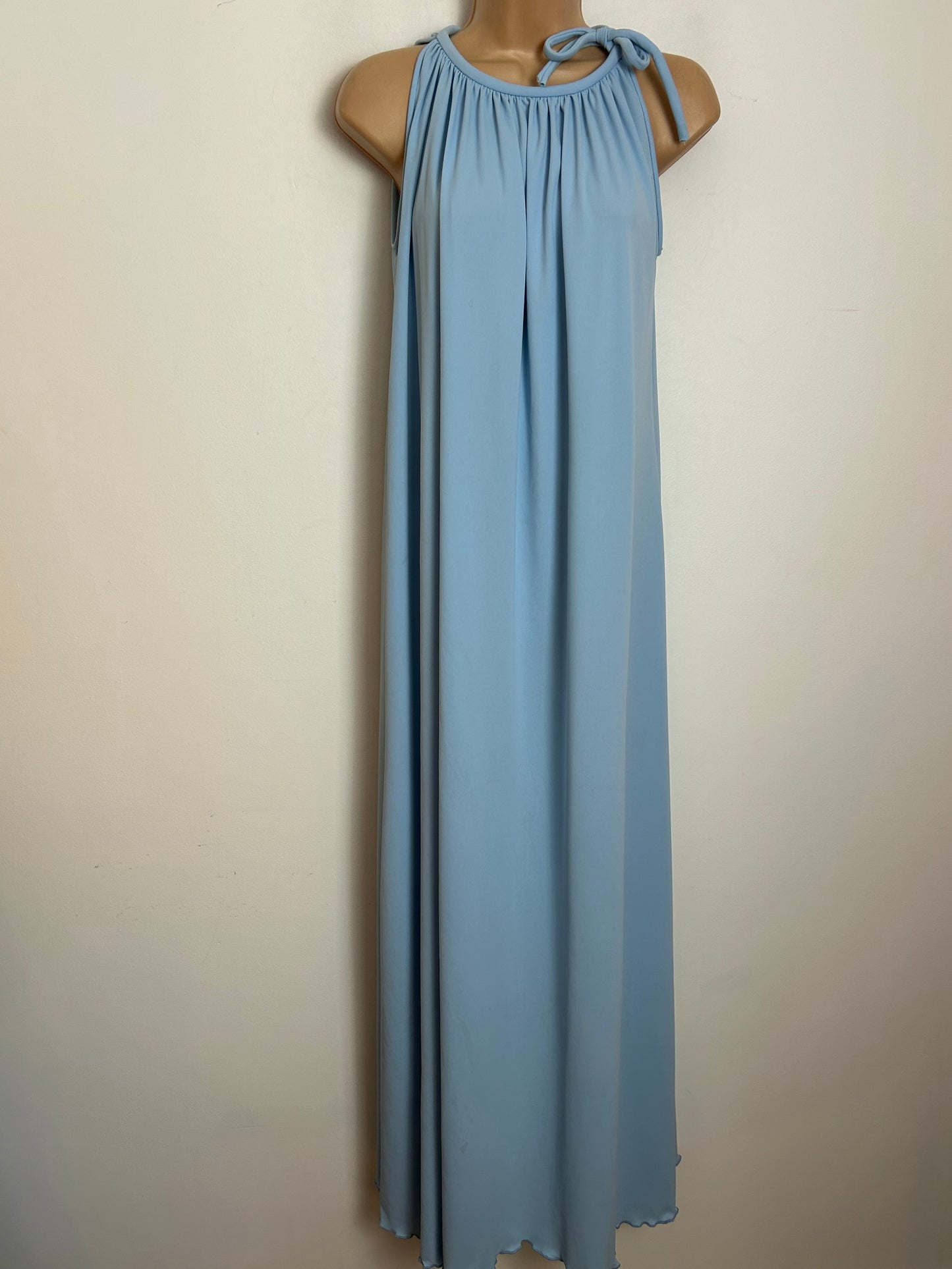 Vintage 1970s PETER BARRON Size 10 Powder Blue Tie Neck Trapeze Style Occasion Maxi Dress