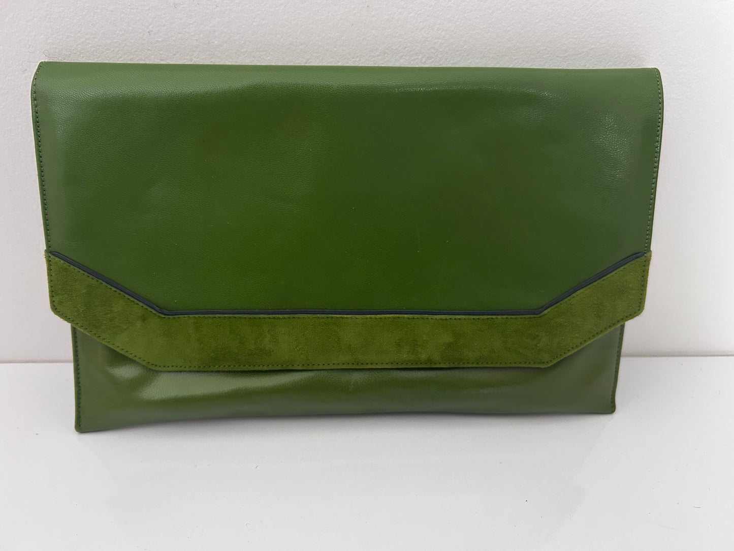 Vintage 1980s JACQUES VERT Green Leather & Suede Trim Envelope Style Clutch Bag