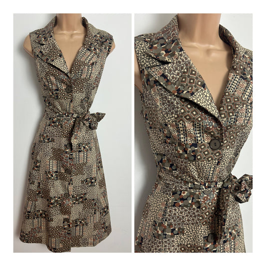 Vintage 1970s Size 10 Beige & Brown Tones Geo Spot & floral Print Cotton Fit & Flare Mod Dress