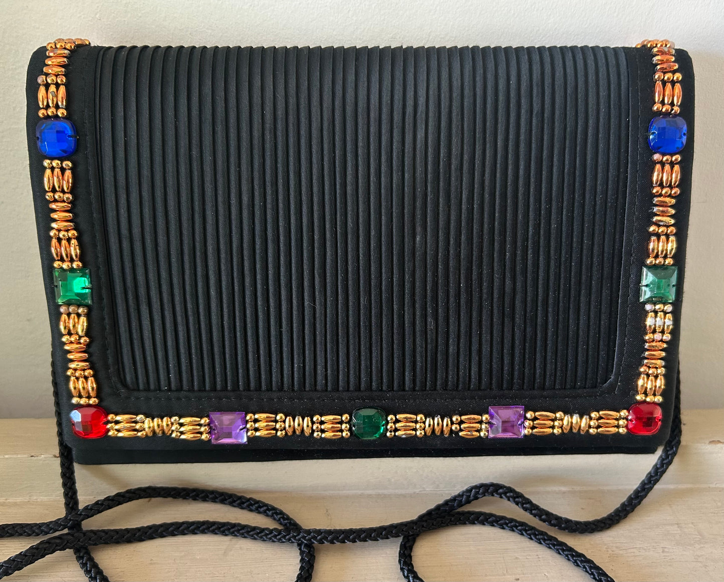 Vintage 1980s JANE SHILTON Black Pleated Gold & Jewel Colour Bead Embellished Evening Bag