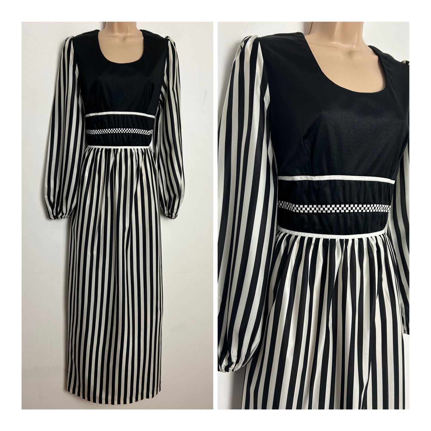 Vintage 1970s DEVONSHIRE LADY UK Size 12 Black & White Stripe Print Long Sleeve Maxi Dress