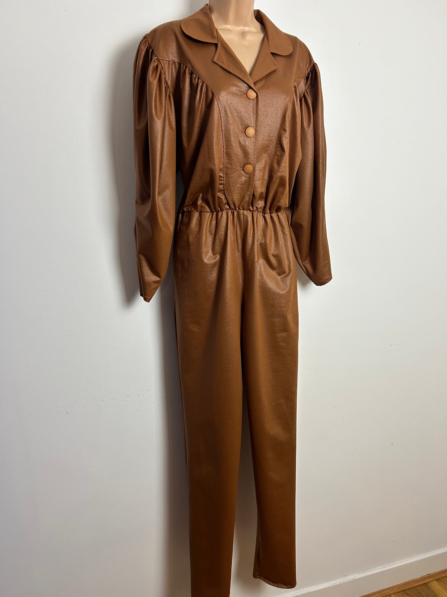 Vintage 1980s Size 12-14 Tan Brown Wet Look Mutton Sleeve Tapered Leg Jumpsuit